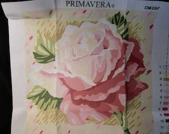 Single Rose needlepoint kit, Primavera #297, UK, Julia A'Court designer, 17" square design, 13 count canvas, Anchor wool yarns, pink, green