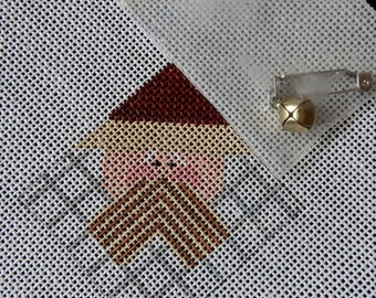 Abstract Santa, 2" square needlepoint canvas image, jingle bell and pin back, handpainted, Kris, #856, 18 count mono canvas of 5.75" X 6"