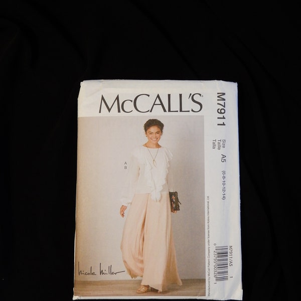 Size 6 to 14, McCall's 7911, Nicole Miller design, lined palazzo pants with sheer overlay, top with flounce from shoulder, down front to hem