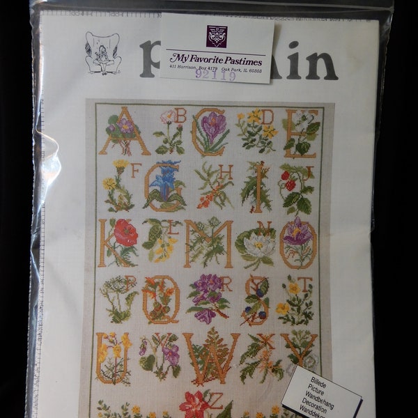 Wall Hanging, Permin Broderi kit #70-9000, counted cross stitch, Denmark, floral alphabet, 22 count ivory fabric, DMC flosses, large chart