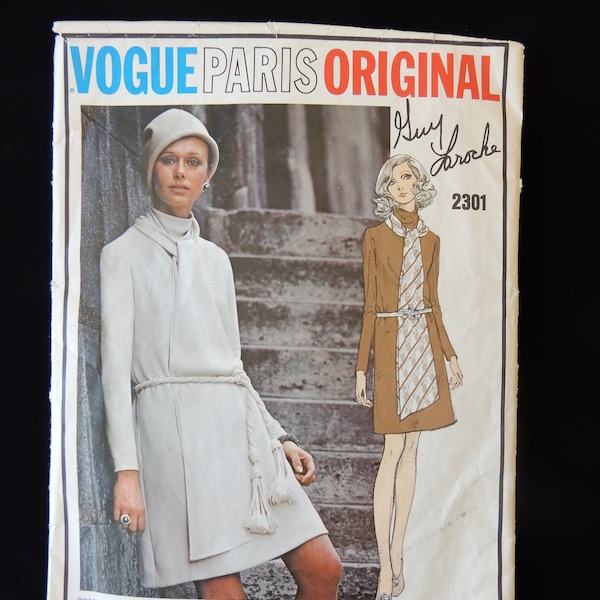 Size 12, Vogue Paris Original 2301 by Guy Laroche, straight cut dress has bias cowl neck and dramatic bias scarf attached, optional belt