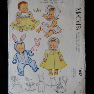 1951 McCall&#39;s 1657, 11&quot; or 16&quot; Tiny Tears doll clothes, 4 adorable outfits, dress, sun dress and bonnet, bunny sleeper, coat, bonnet, slip