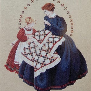 May include: Cross-stitch depiction of two women in long dresses, one in red and white, the other in navy blue, working on a quilt. The quilt features a geometric pattern with red, white, and blue squares. A decorative arch of squares surrounds the figures.