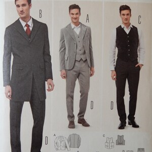 May include: A Burda Style sewing pattern featuring three men's suit designs. The suits are displayed in gray and black, with options for a vest and overcoat. The pattern includes sizes EUR 44-60 and US 34-50.