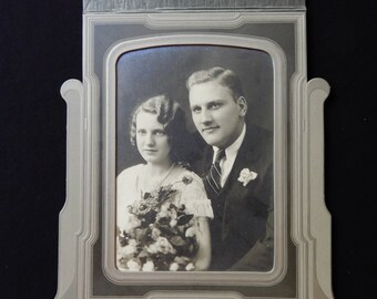 A lovely couple, circa 1930's wedding portrait, The Cottage Studio, Bemidji, Minnesota, 9.5" X 9.5", ornately matted, faux swing stand frame