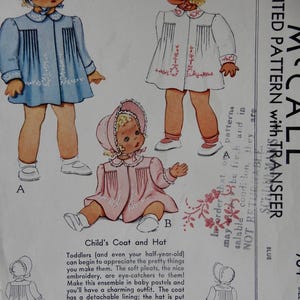 May include: Vintage McCall's sewing pattern for a child's coat and hat. The illustration shows three dolls wearing coats and bonnets in blue, white, and pink. The pattern includes detailed instructions for creating the ensemble, with options for embroidery and a detachable lining.