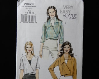 Size 6 to 12, Very Easy Vogue 8673, asymmetric front, waist length jacket with three sleeve options, collar option, princess seams, lined