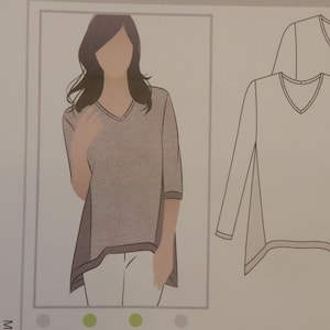 May include: A sewing pattern titled "BIANCA TOP" with a drawing of a woman wearing a gray V-neck top with three-quarter sleeves. The pattern is rated as "Medium" difficulty. The text "page 1 of 3" is also visible.