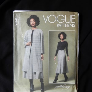 May include: Vogue Patterns sewing pattern for a skirt and jacket. The pattern is for sizes 4-14. The pattern is by Rachel Comey.