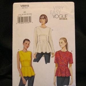 Vogue 8815 size 16 - 24, Very Easy Vogue peplum tops, raised waist, hemline choices, back zipper, sleeve choices, rounded neckline, darts