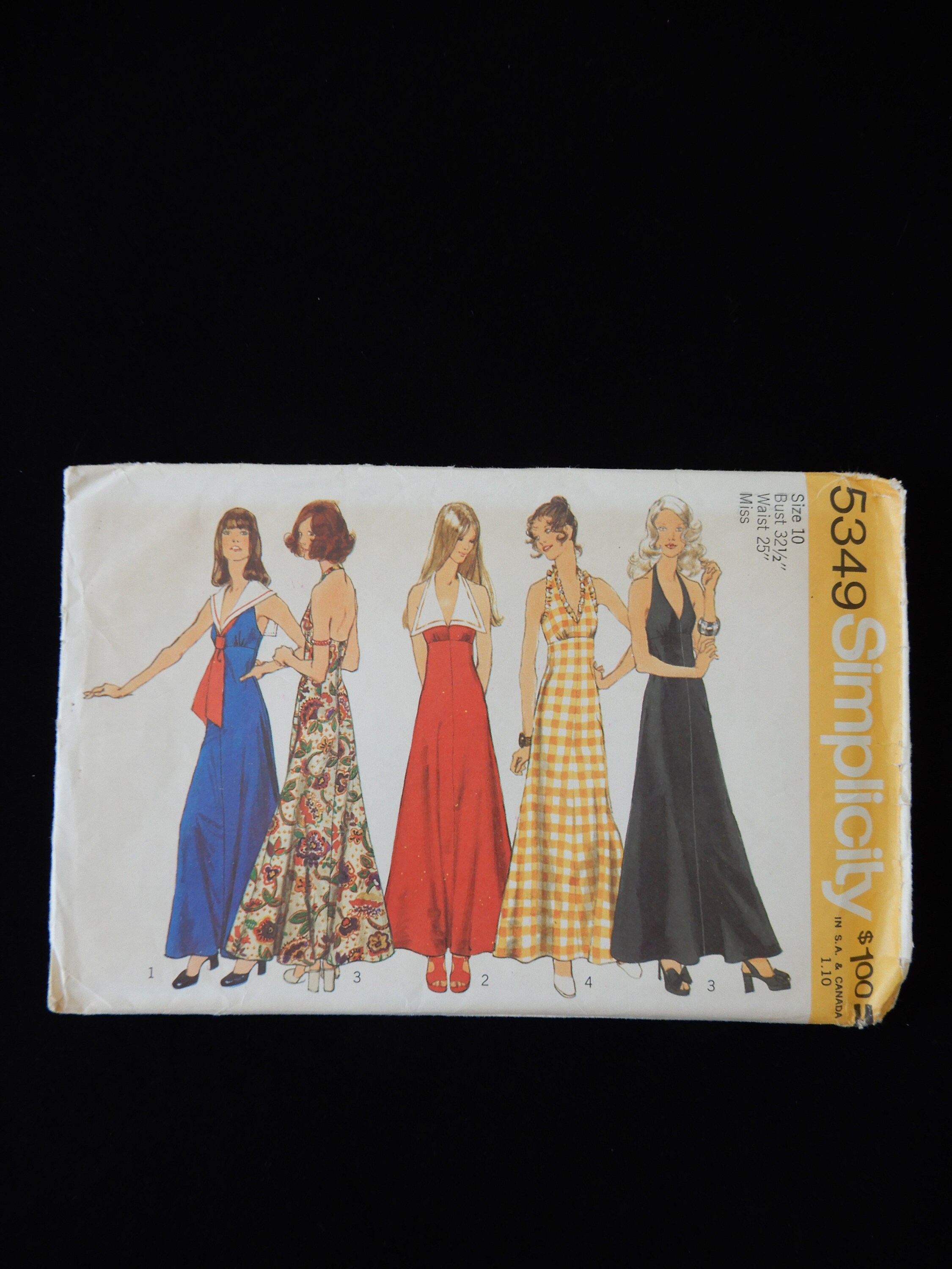 Size 10, Simplicity 5349 Halter Maxi Dress, Empire Waist, V Neck, Narrow  Ruffle or Choice of 2 Collars With Middy Braid Trim, Uncut, 1972 
