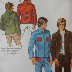 May include: Vintage sewing pattern featuring illustrations of men's jackets and suits. The designs include a red jacket with a lantern applique, a green jacket with a heart design, and a blue suit with red pocket details. The pattern is from Simplicity.