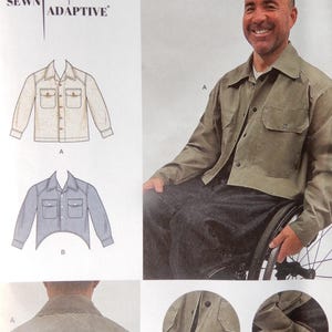 May include: Simplicity sewing pattern for adaptive clothing. The pattern includes diagrams of a jacket with two chest pockets and a button-down front. The image also shows a person wearing a similar jacket. The pattern offers different closure options and a non-constraining fit.