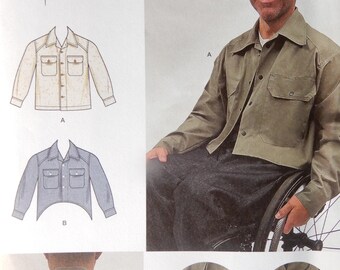 May include: Simplicity sewing pattern for adaptive clothing. The pattern includes diagrams of a jacket with two chest pockets and a button-down front. The image also shows a person wearing a similar jacket. The pattern offers different closure options and a non-constraining fit.