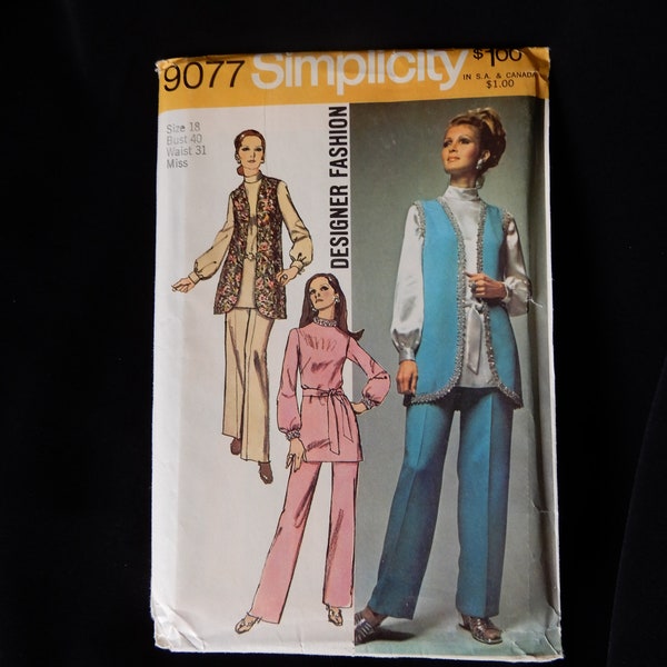 Size 18, bust 40", Simplicity 9077 from 1970, retro vest, tunic top with standing collar, pants, optional jeweled braid or sequined trim