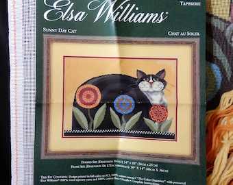 Sunny Day Cat, Elsa Williams needlepoint kit 06449, from 2007, will finish to 10" X 14", designer Lisa Hilliker, cat with flowers