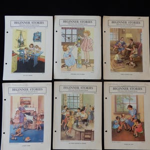 May include: A collection of six vintage "Beginner Stories" booklets. Each booklet features a colorful illustration on the cover, depicting scenes of children and family life. The covers have the title "Beginner Stories" and "Christian Life Graded Series".