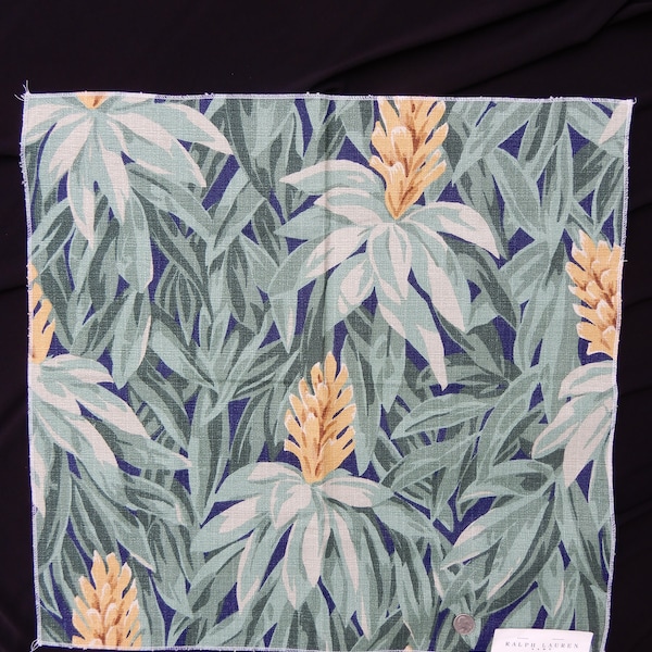 Cabana Leaf, Ralph Lauren Home sample, 25" long X 26" wide, serged edge, 100% cotton, navy, greens, beige, gold tropical plant #LCF18876F