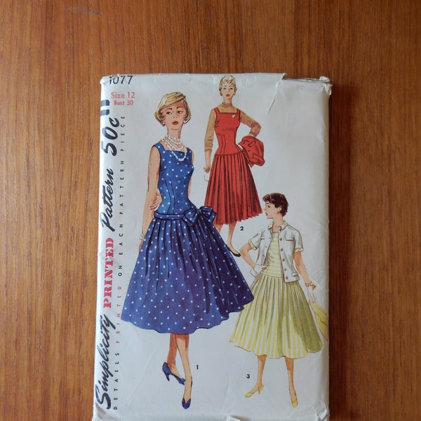 Size 12 bust 30", Simplicity 1077, drop waist dress with soft or pressed pleats, square neckline, fitted bodice, and cropped collared jacket