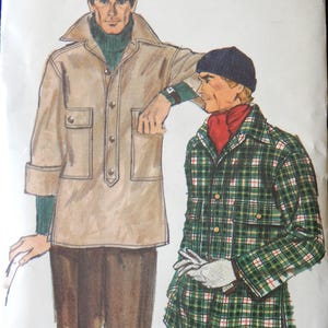 May include: Illustration of two men wearing vintage outerwear. One man is in a tan jacket over a green turtleneck and brown pants. The other man is in a green plaid jacket, a red scarf, and a black beanie.
