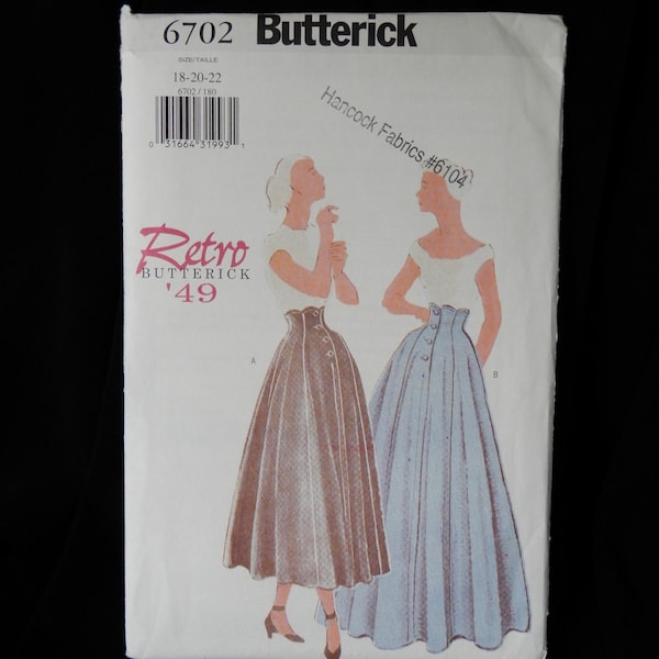 Size 18 - 22, Butterick 6702, retro '49 skirt, 2 lengths, raised waist, scalloped edge, front buttons, gores flare into a full skirt, easy