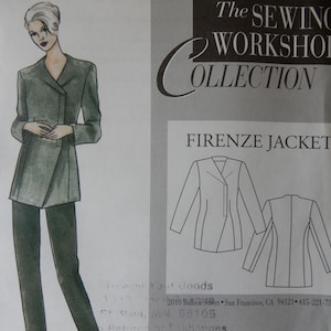 May include: A sewing pattern titled "FIRENZE JACKET" from "The Sewing Workshop Collection." The pattern features a drawing of a woman in a dark green jacket and pants. The jacket has a unique wrap design.