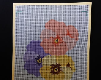 Pansies, hand painted needlepoint canvas by Rosene Originals N10921, design approx 11" X 13", 10 count mono, mint green background specified