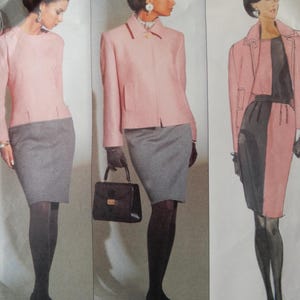 May include: A sewing pattern for a skirt and jacket set. The pattern features a pink jacket with a collar and a gray skirt. The model is wearing black tights and shoes.