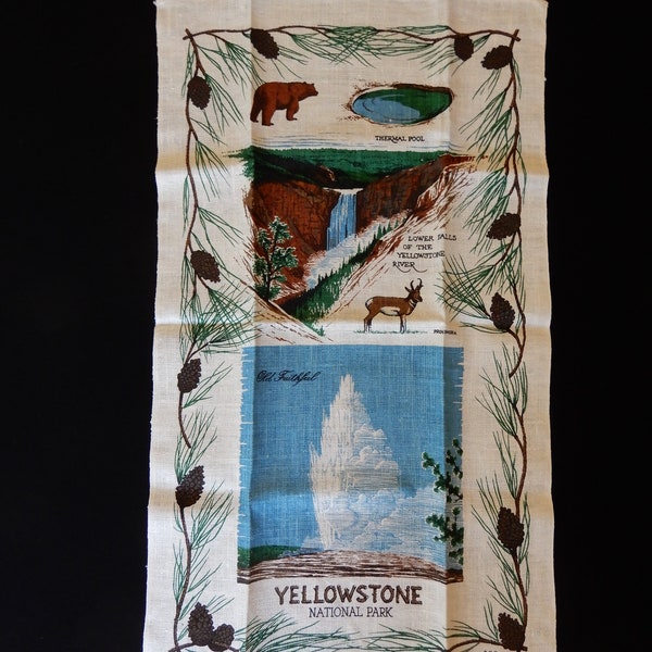 Kay Dee Handprints linen towel, original label, Yellowstone National Park, 17.5" X 30" homespun ivory fabric, Hope Valley, Rhode Island NOS