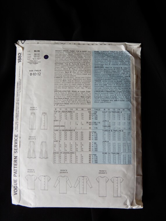 Size 8 - 12 Vogue Basic Design 1882, two skirt styles, straight top, tunic and dress with band detail, back buttons, sleeve options, 1987 Size 8 - 12 Vogue Basic Design 1882, two skirt styles, straight top, tunic and dress with band detail, back buttons, sleeve options, 1987