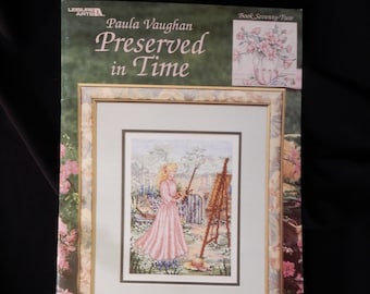 Preserved in Time, Paula Vaughan book 72, Leisure Arts 3157, 10 designs, full color charts, DMC and Anchor lists, quilts, chairs, flowers