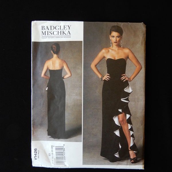 Size 14 to 22, Vogue 1426, Badgley Mischka strapless, slim gown with high flounced slit, skirt pleating, boned, lined, advanced sewing level