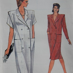 May include: Illustration of two women's dresses. One is a short-sleeved, double-breasted dress in white with a subtle plaid pattern. The other is a long-sleeved, double-breasted dress in red with white vertical stripes. Both dresses have pockets.