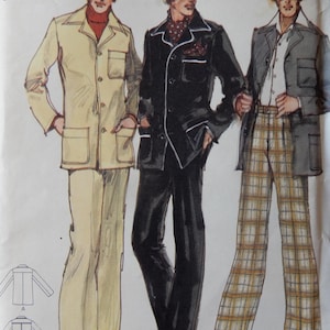 May include: An illustration of three men's suits from a vintage sewing pattern. The suits are in various colors, including beige, black, and gray, with plaid pants. The pattern is labeled "ROBERT L. GREEN" and "SIZE 40".