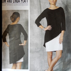 May include: A sewing pattern for a black and white dress with a diagonal seam. The pattern is for sizes 14-22 and is from Vogue Patterns American Designer Tom and Linda Platt.