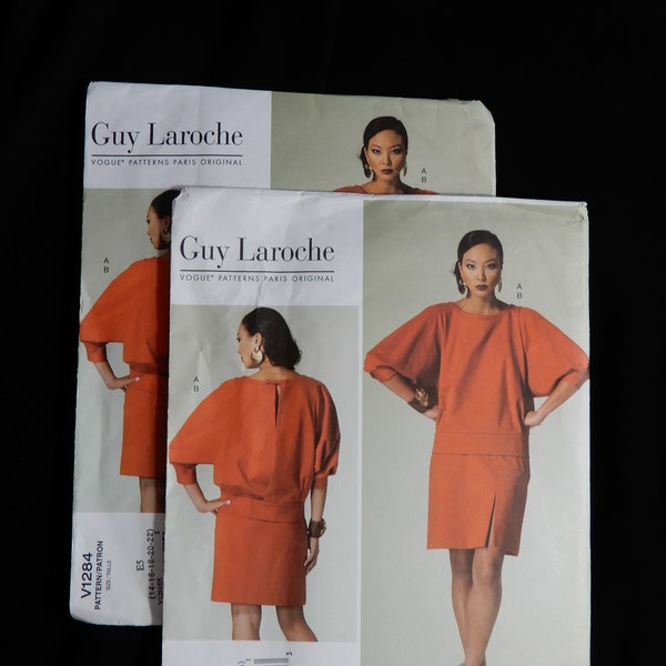 Size 6 to 14 or 14 to 22, Vogue 1284, Guy Laroche banded top, deep armholes, 3/4 sleeves, skirt with front slit, welt pockets, contour waist