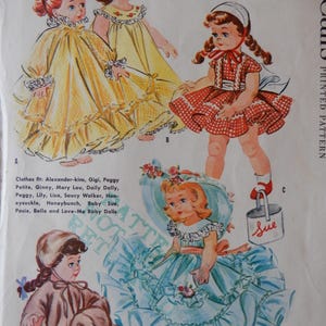 May include: A vintage sewing pattern for making doll clothes. The pattern includes instructions for making a nightgown, a dress, and a coat for a doll that is 7 to 23 inches tall. The pattern is printed on a white background with illustrations of the doll wearing the clothes.
