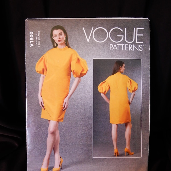 XS to M, 4 to 14, Vogue 1800, underlined dress with stand collar, drop shoulders, elbow length pleated puff sleeves, side pockets, straight