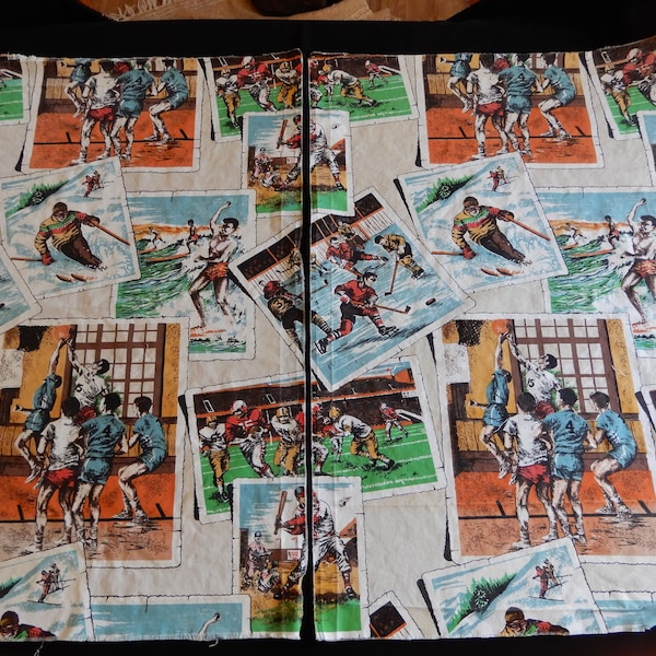 Retro sports home dec fabric, 2 panels each 24" wide X 33" long, circa 1960 - 1970, washable woven, bottom weight, COPR Pattern Rights Inc