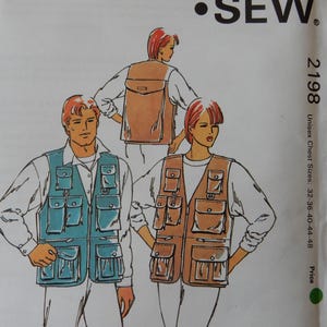May include: Kwik Sew pattern 2198 featuring a unisex vest with multiple pockets. The illustration shows the vest in blue and brown, with chest sizes ranging from 32 to 48 inches. The pattern includes the Kwik Sew logo.