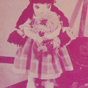 May include: A vintage doll with dark hair in pigtails, wearing a plaid dress and holding a fluffy, flower-like object. The doll has a painted face and is standing in front of a blurred background.