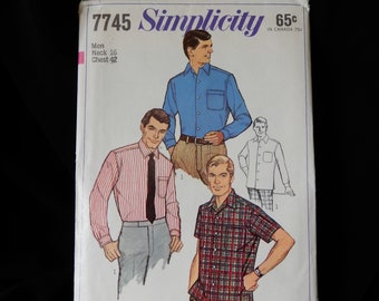 Neck 16", chest 42", Simplicity 7745 from 1968, uncut, factory folded, tapered sport shirt, pleated to back yoke, sleeve and pocket options