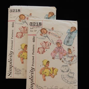 May include: Vintage Simplicity sewing pattern for doll clothes. The pattern is for a 16 inch doll and a 20 inch doll. The pattern includes instructions for making a dress, a coat, a bonnet, a diaper, and a romper.