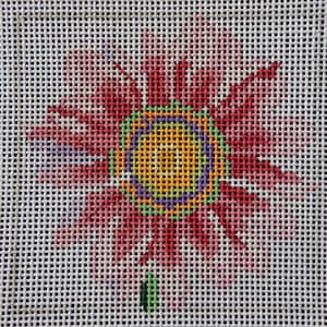 May include: Needlepoint canvas featuring a vibrant floral design. The flower has a central yellow and green circle, surrounded by purple, green, and red petals. The canvas is white with the text "3 KITTENS needle arts" at the top.