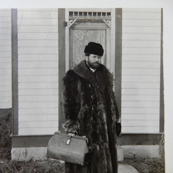 House Call, vintage photograph on postcard, bearded doctor with leather bag, fur coat, fur hat, card 3.5" X 5.5", photo 2.75" X 3.75"