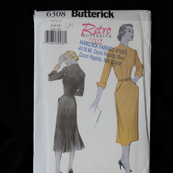 Size 6 to 10 Butterick 6308, Retro'52, raised neck, fitted straight dress, 3/4 sleeves cuffed, front pockets, lovely inverted back pleats