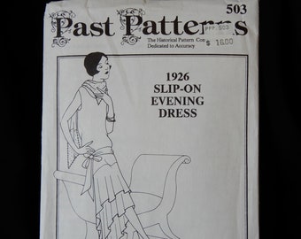 Size 8 to 20, 1926 Slip-On Evening Dress, Past Patterns #503, sleeveless, drop shoulders and waist, skirt flounces, longer in back, scarf
