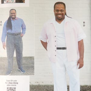 May include: A sewing pattern package with the text "knowME by Mimi G". The package features images of a person wearing a blue shirt and gray pants, and a pink shirt and white pants. The size range is AA (34-36-38-40-42).