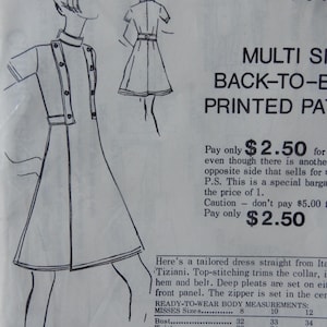 May include: Vintage sewing pattern featuring a dress design with a button-up front and short sleeves. The illustration shows a tailored dress with a belt and a collar. The pattern includes measurements for bust, waist, and hip sizes.