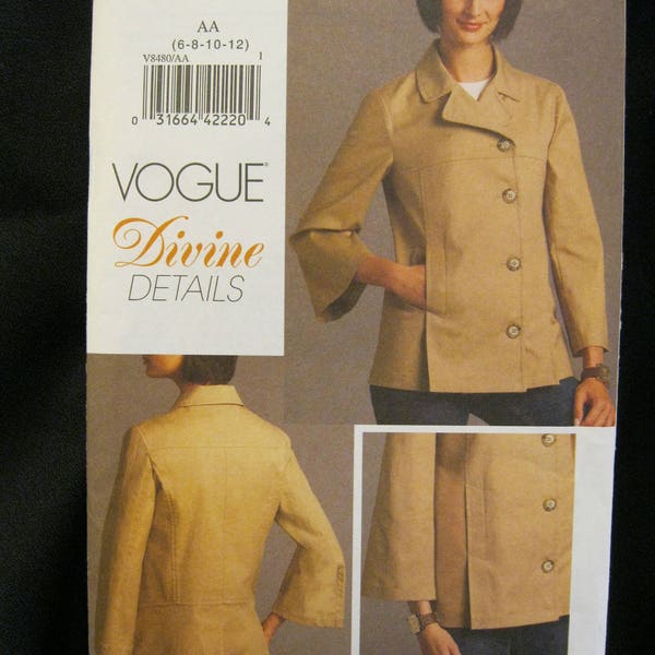 Size 6 - 12 Vogue 8480 Divine Details Jacket, princess seams, cropped flared sleeve, pockets, back vent, front pleats, 2008, easy to sew